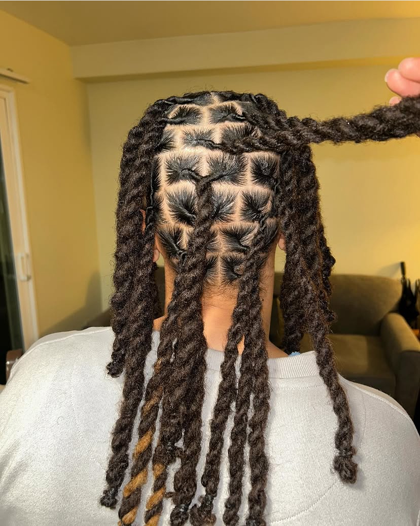 Long two-strand twists with clean square parts, back view